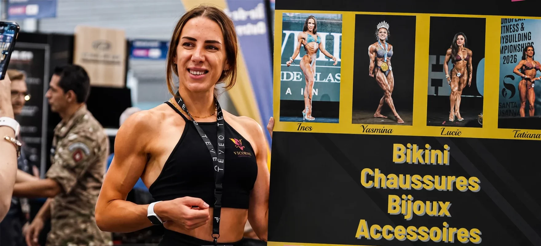 Inès Védie présente sur le stand Vicorne Competition lors du FITEX Paris 2026, le plus grand salon du fitness en France.